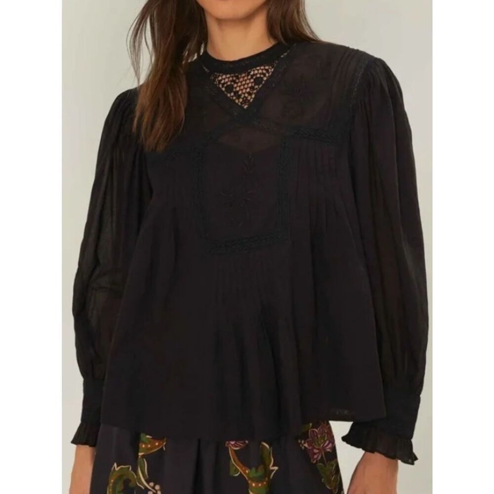 Farm Rio Black Short Sleeve Collar Blouse